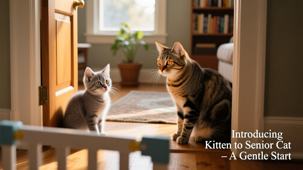 Two cats observing each other from opposite sides of a partially open door, with a baby gate visible
