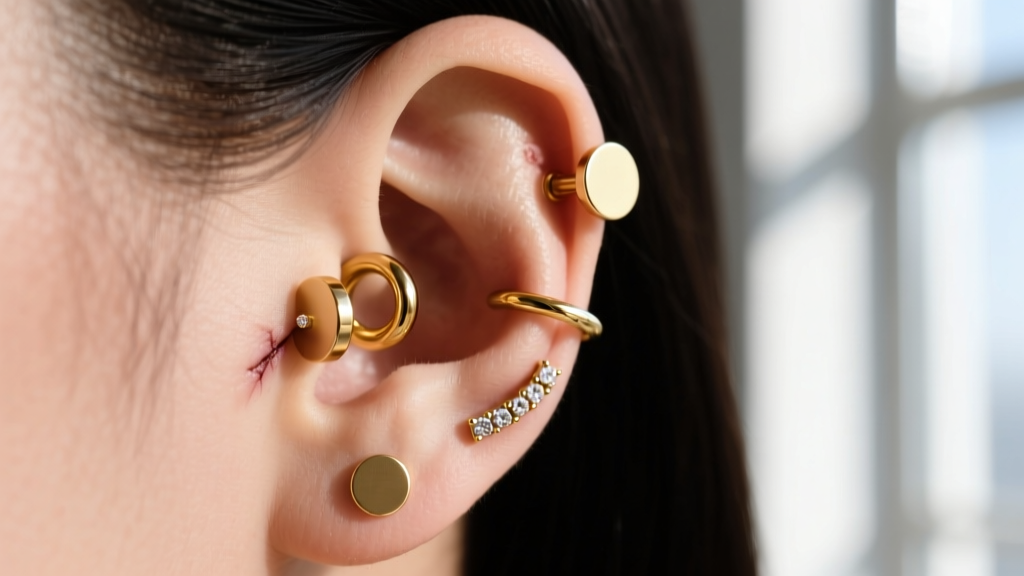 Side profile of a healed double forward helix with 14k solid gold threadless ends, tiny 2mm champagne diamonds, and flat disc backs