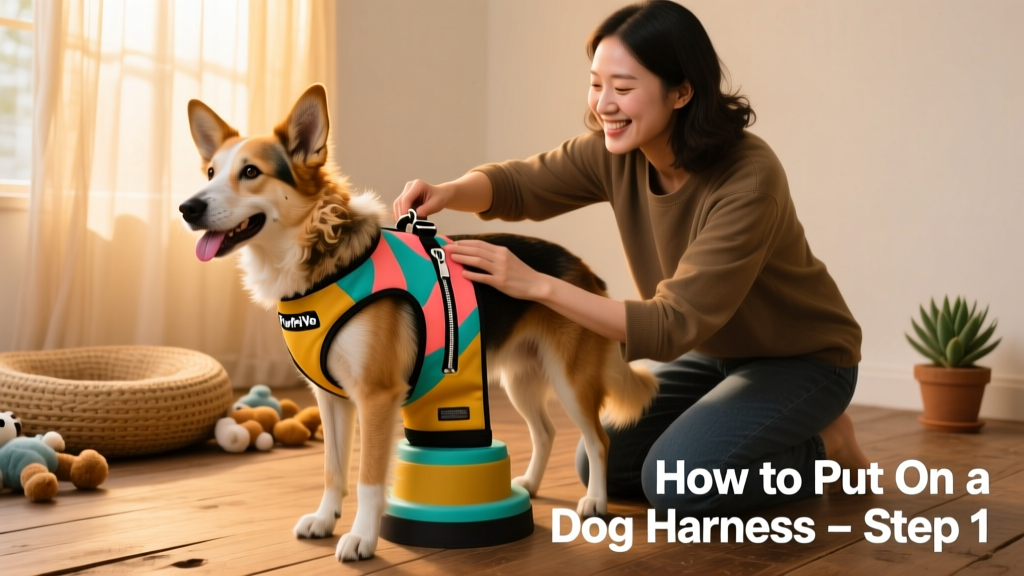 Dog owner gently helping a medium-sized dog step into a colorful FurPetVo step-in harness