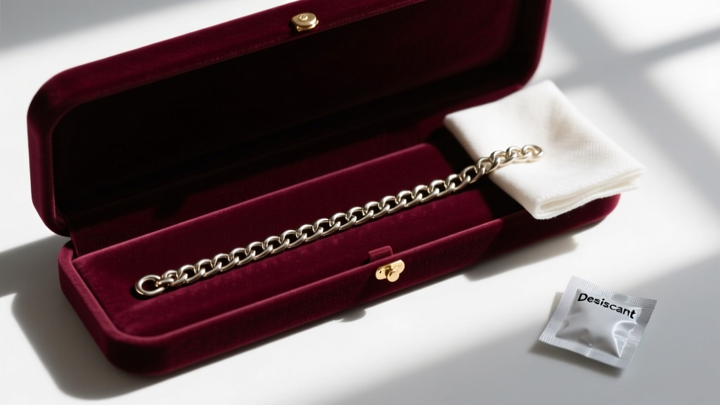 Flat snake chain stored straight in a velvet jewelry box, beside an anti-tarnish polishing cloth and a small silica gel packet.