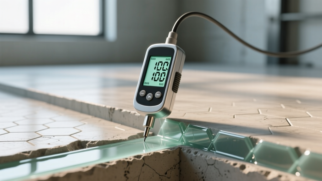 Close-up of a digital moisture meter testing an epoxy coating next to a diamond-ground polished concrete expansion joint