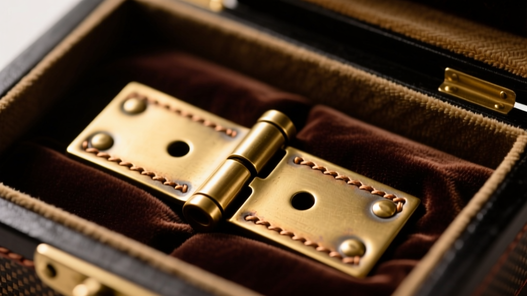 Macro shot of brass piano hinge on velvet necklace jewelry box highlighting reinforced stitching and anti-rust coating in warm light