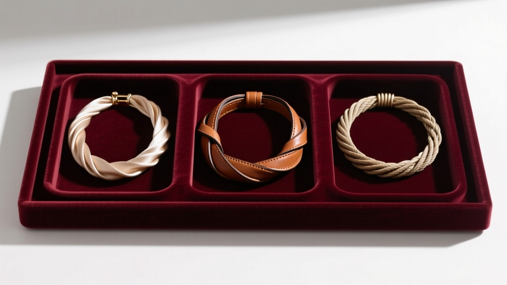 Velvet jewelry tray displaying three coiled string necklaces in silk, leather, and nylon, resting neatly in separate compartments.