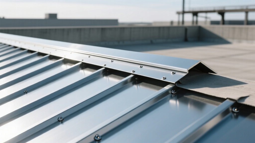 24-gauge standing seam Galvalume steel roof panels installed with concealed clips over synthetic underlayment and metal ridge cap flashing.