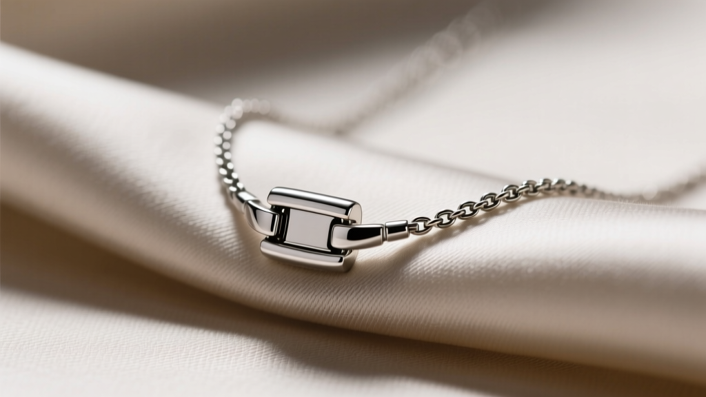 Close-up of a titanium NRT necklace on raw silk, highlighting the smooth polished clasp mechanism under bright studio lighting.