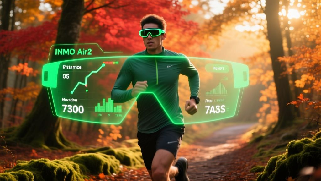 Trail runner in autumn forest wearing lightweight INMO Air2 glasses with a bright green monochrome HUD displaying GPS data.