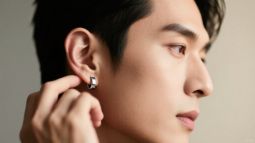 Side profile of a man adjusting a matte-finished platinum cartilage ear cuff on his upper helix against a blurred background.