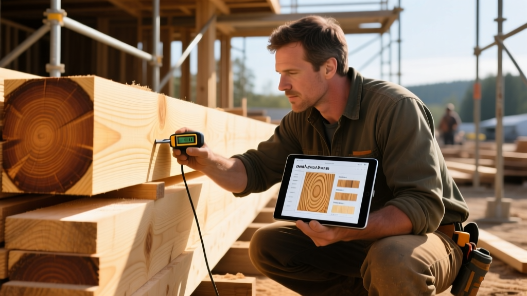 Carpenter measuring moisture in Douglas Fir lumber while checking an end-grain wood identification chart on a tablet at a framing site