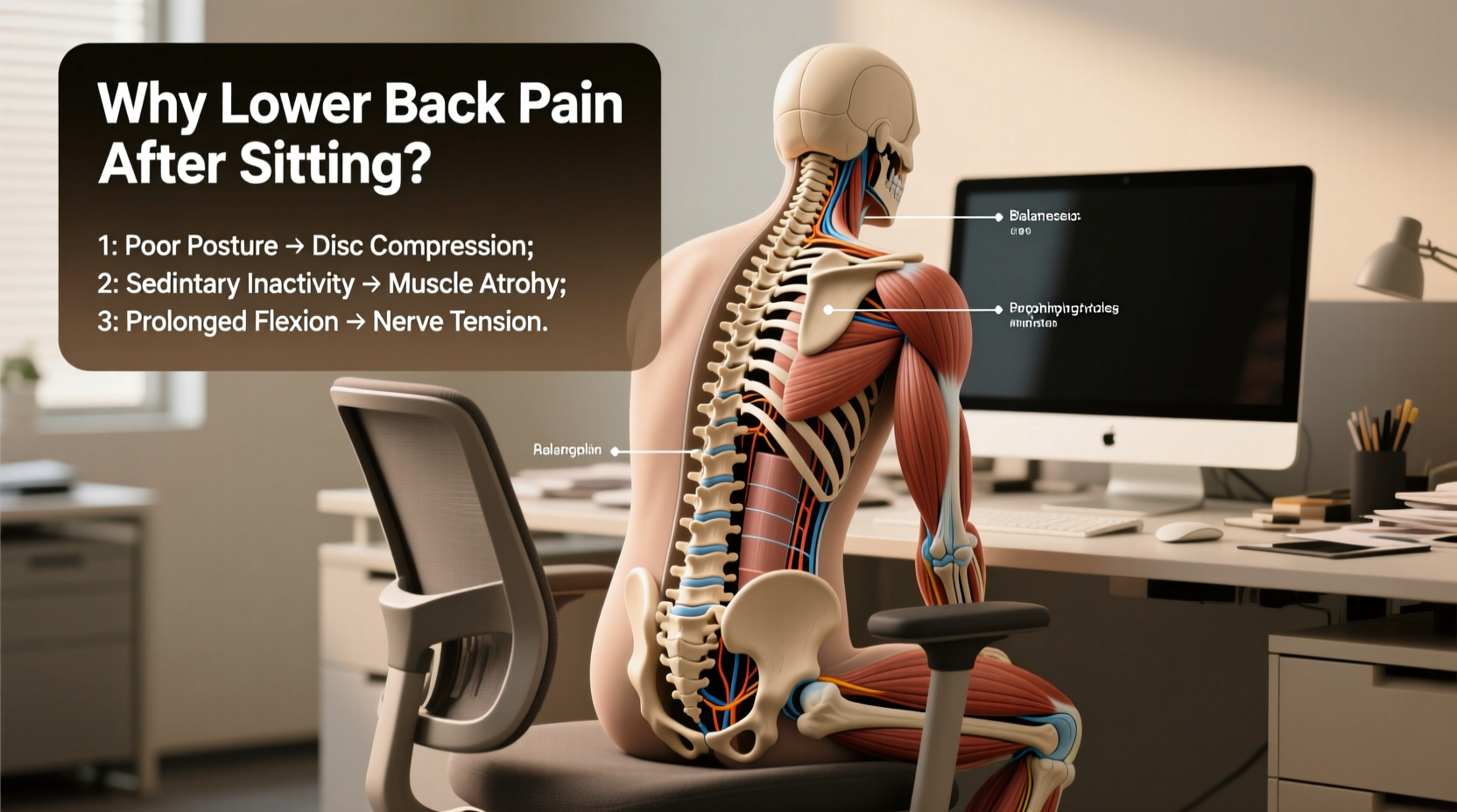 why does my lower back ache after sitting all day and fixes