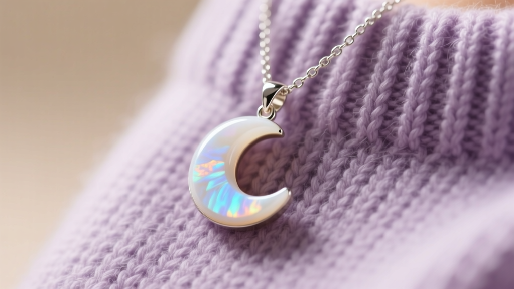 Close-up of a milky opalite moon pendant on a 925 silver chain resting against a soft lavender knit sweater in warm light.