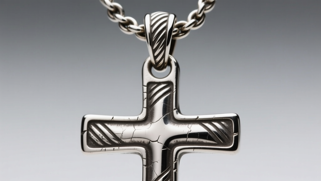 Macro shot of a worn jewelry bail on a large silver cross pendant, showing deep friction grooves from a thick rope chain rubbing.