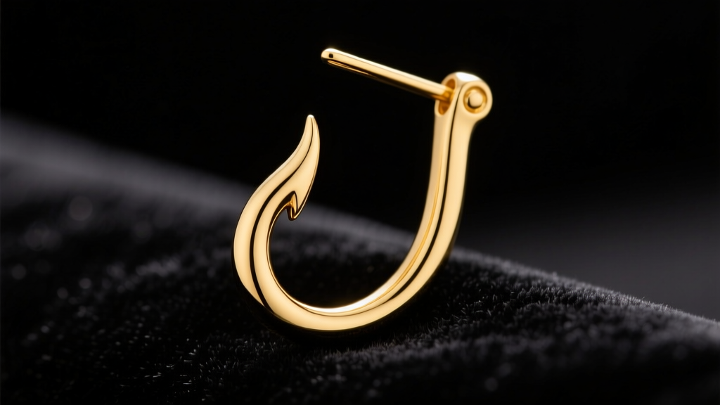 Close-up macro photograph of a polished 18k yellow gold fish hook earring back resting on dark velvet under soft studio lighting