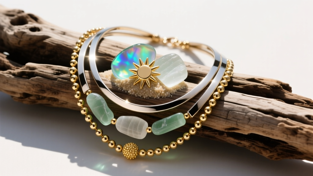 Flat lay of layered titanium coastal necklaces with sea glass and sand-cast gold beads resting on a weathered driftwood surface.