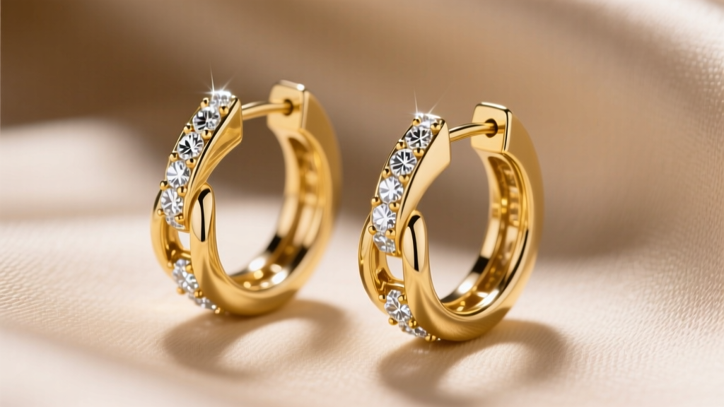 Macro shot of 18k yellow gold interlocking double hoop diamond earrings reflecting studio light on a soft beige silk background.