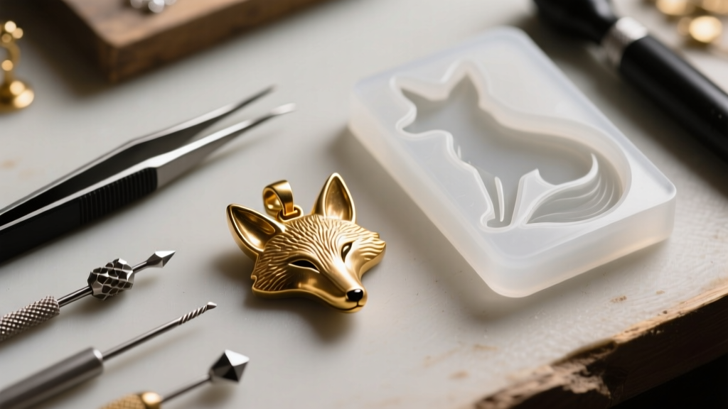 Macro shot of a jewelry workbench showing a raw brass fox pendant casting next to a silicone mold and precision carving tools.