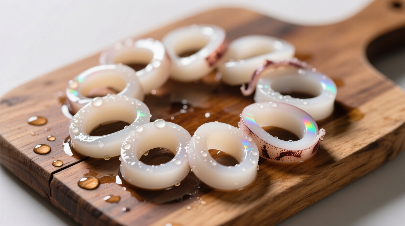 Fresh squid rings on wooden cutting board