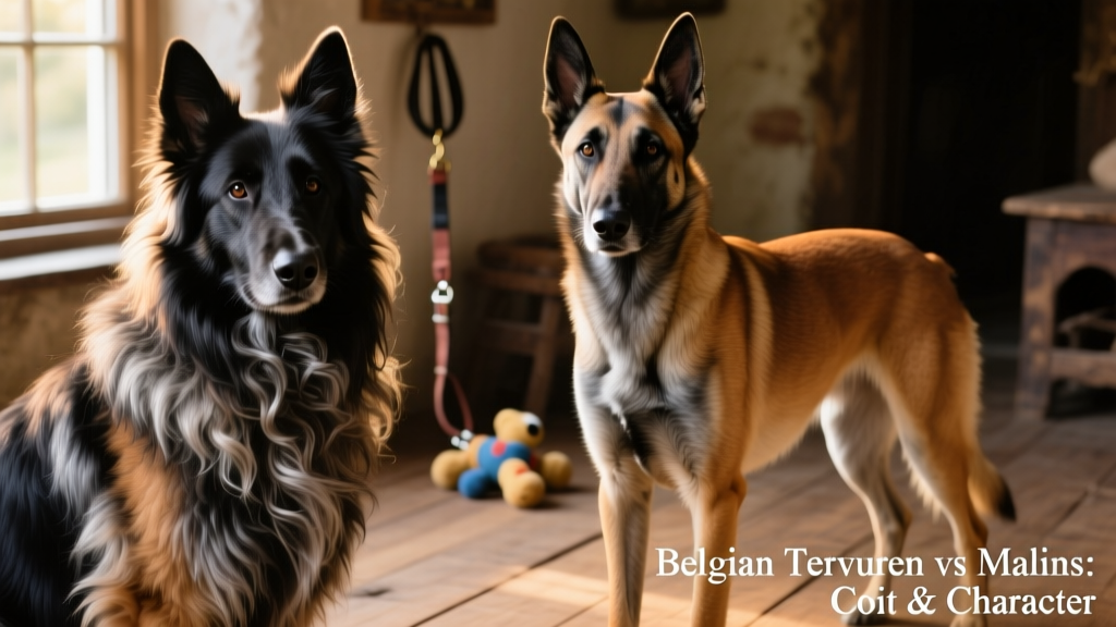 Close-up of a Tervuren's flowing coat and a Malinois's short, sleek coat showing texture contrast