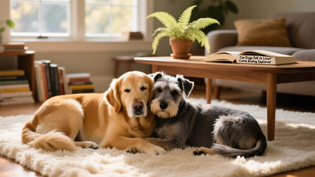 Two dogs curled up together peacefully, resting side by side on a soft rug