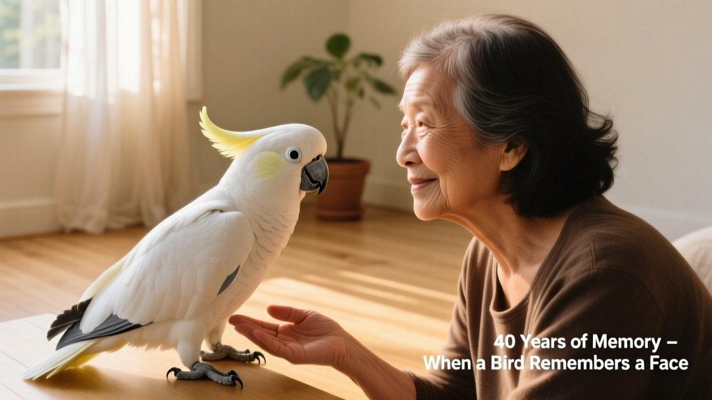 Boo the cockatoo gently perched beside Nedra, both looking relaxed and connected, with soft natural light