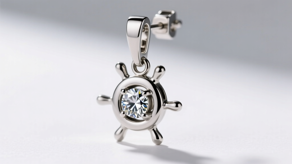 Macro shot of a 316L steel ship wheel dangle earring highlighting a secure leverback clasp and a polished bezel-set center stone.