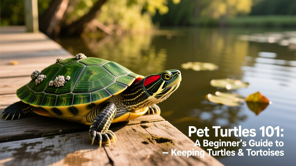 Close-up photo of a red-eared slider turtle basking on a dock under warm light
