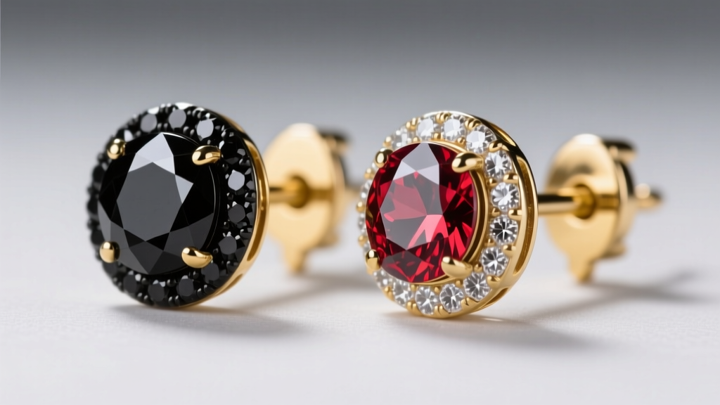 Macro view of prong-set black diamond and bezel-set spinel earrings, showing 18-gauge gold posts and secure locking friction backs