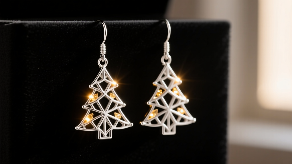 Close-up of .925 sterling silver Christmas tree dangle earrings catching warm fairy lights against dark velvet.