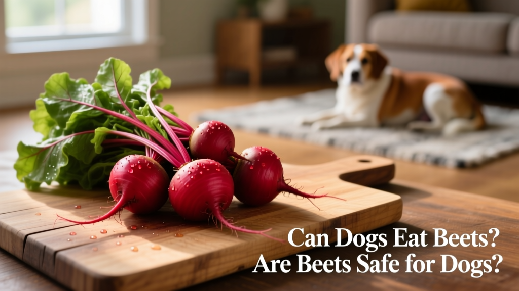 Fresh red beets on a wooden cutting board with green tops still attached