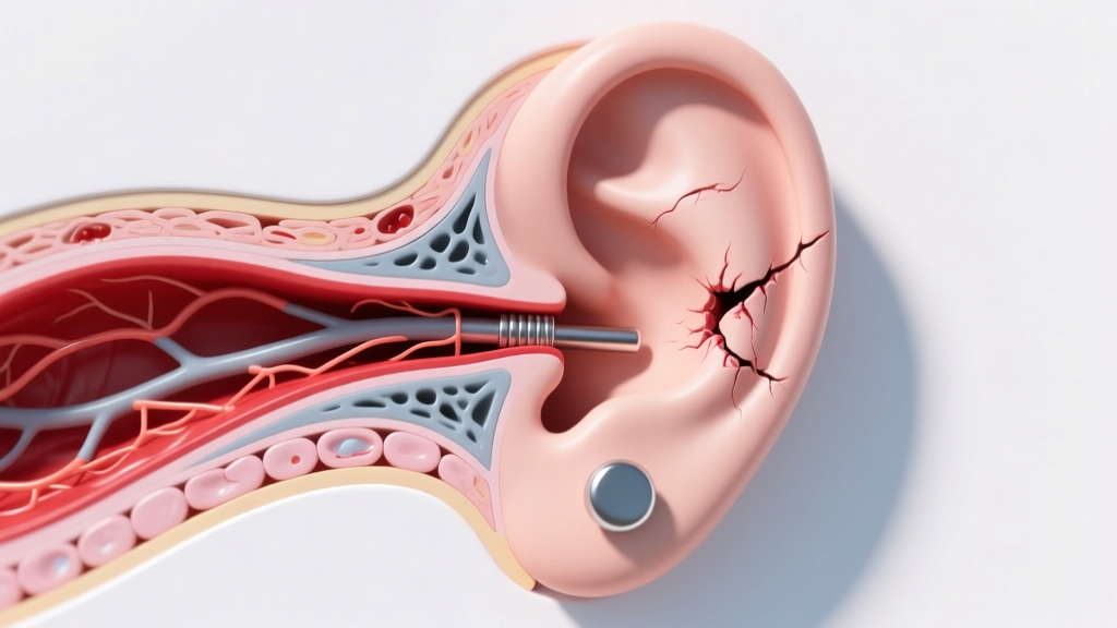 Close-up illustration of a cross-section of an earlobe fistula showing micro-tears from a thick earring post, medical diagram