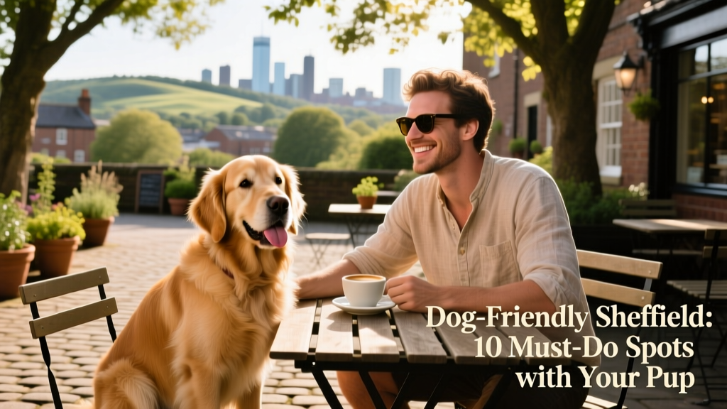 A relaxed dog sitting beside their owner at an outdoor café table in Sheffield