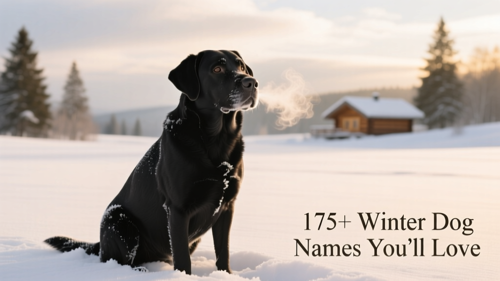 A black dog sitting calmly in fresh snow, breath visible in the cold air