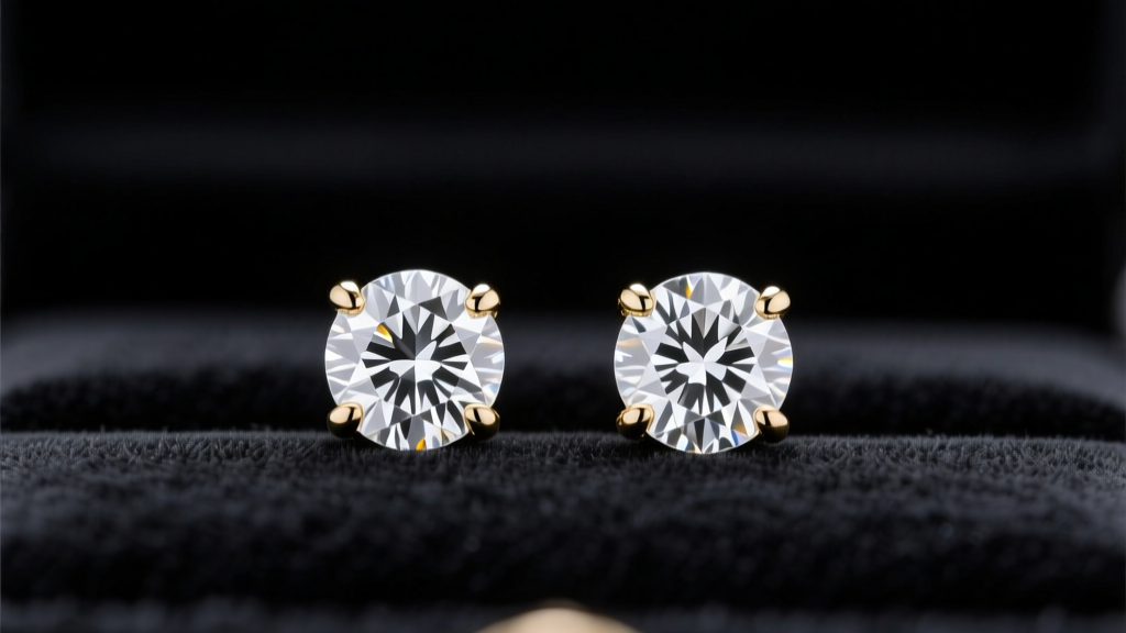 Macro shot of two round half karat diamond stud earrings in white gold martini settings on dark velvet under soft studio lighting