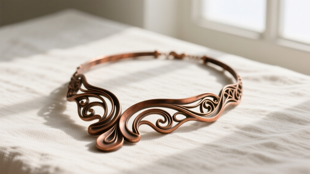 Cast bronze Martha Calvo necklace on linen, showing intricate sculptural details and warm earthy tones in soft natural light.