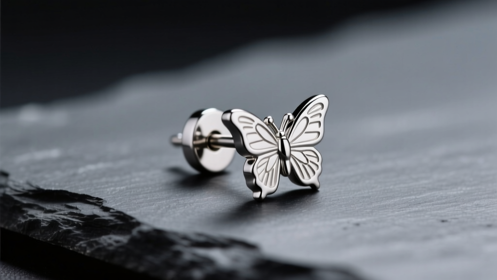 Macro shot of a polished 20-gauge titanium stud earring and butterfly back on dark slate under soft, directional studio lighting.