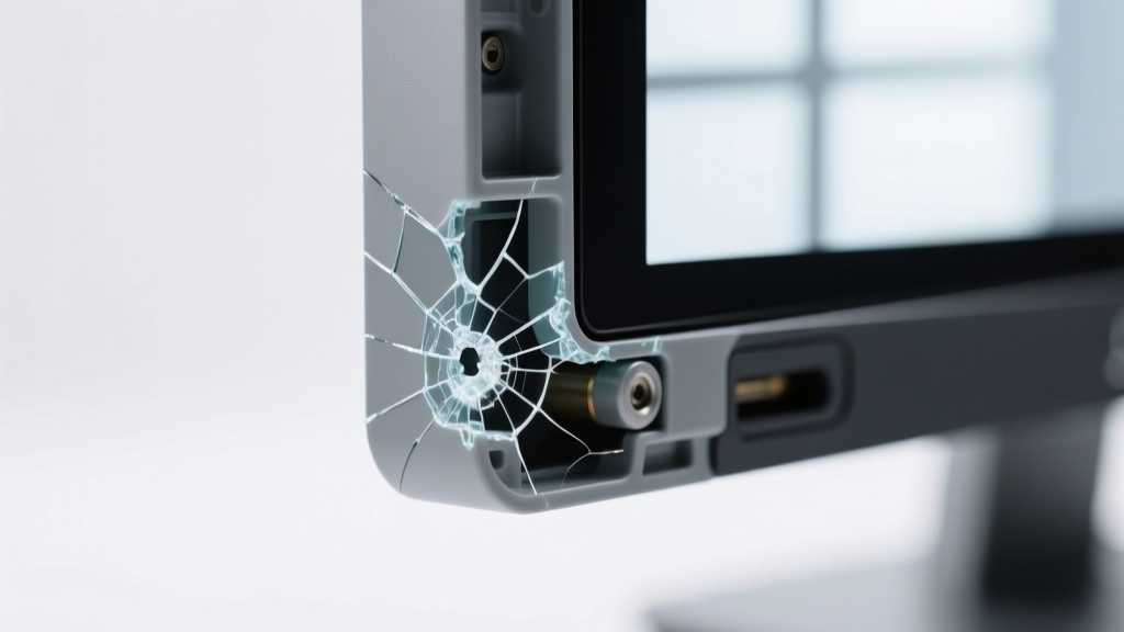 Macro shot of a portable monitor hinge revealing micro-fractures in the plastic housing after repeated 180-degree stress testing.