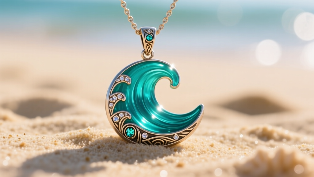 Close-up of a licensed Disney Moana musical necklace pendant shaped like a teal ocean wave, resting on a sandy beach background.