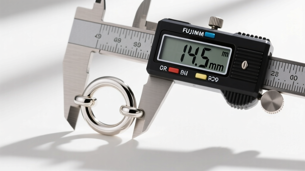 Macro shot of a sterling silver lobster clasp and jump ring measured with digital calipers showing 14.5mm total length