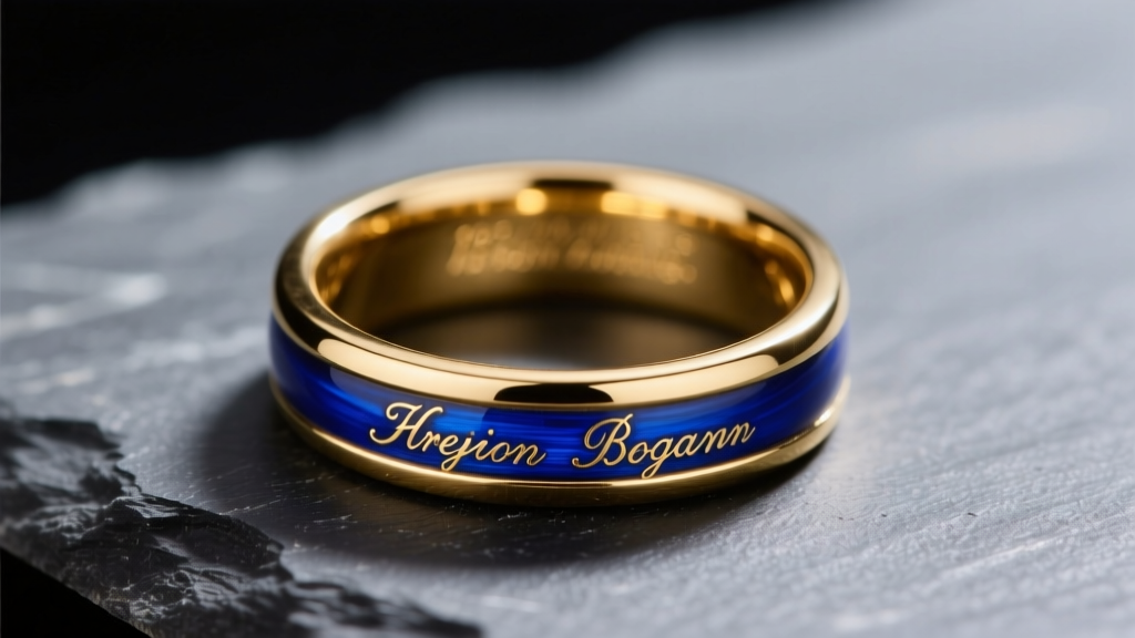 Close-up of 18k gold poesy ring opened to reveal a hidden vitreous enamel message inside the band, resting on dark slate