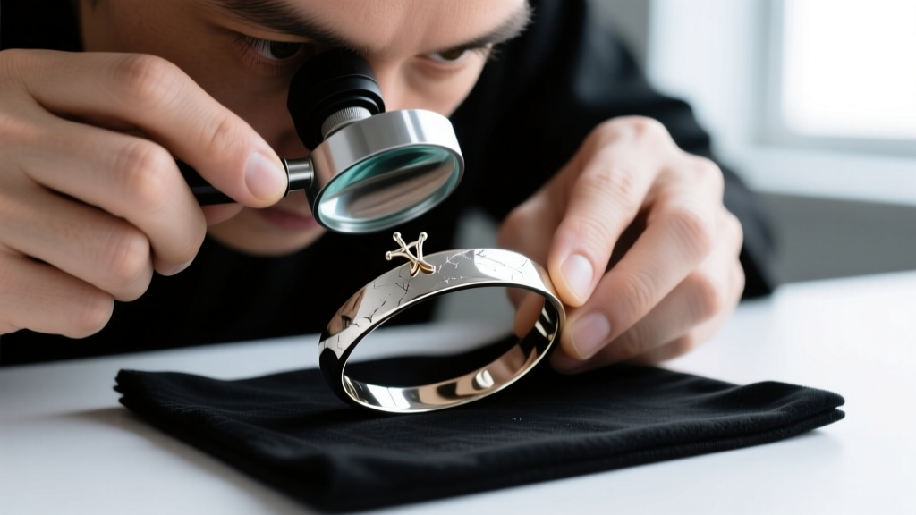 Jeweler inspecting rhodium plating wear on a 14-karat white gold bracelet prong using a loupe under bright bench lighting
