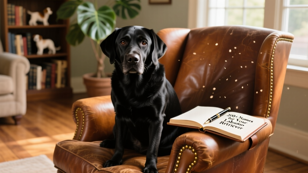 A black Labrador Retriever sitting calmly beside a vintage leather armchair
