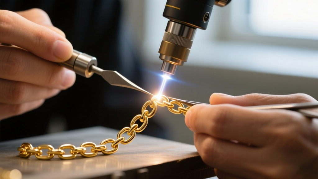 Macro photography of a jeweler using a laser welder to repair a kinked 18k gold box chain link under bright magnification light