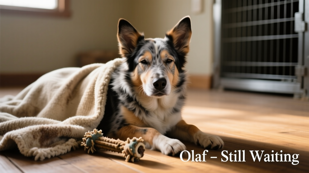 Olaf resting calmly beside a soft blanket and chew toy, eyes relaxed and ears forward