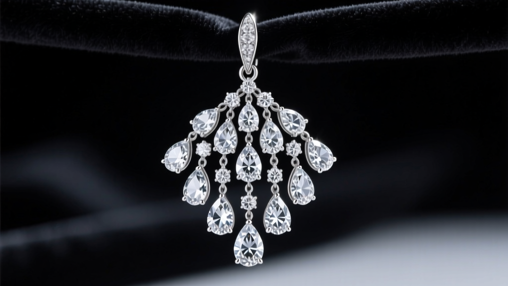 Macro shot of a platinum high jewelry chandelier earring with D-flawless pear diamonds, illuminated against a dark velvet backdrop.