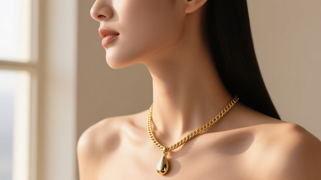 Close-up profile view of a model wearing an 18-inch gold cable chain with a teardrop pendant resting perfectly on collarbone