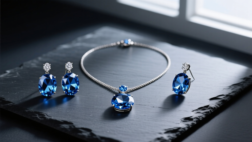 Flat lay of the women blue ice collection 10376 brand earrings and necklace set on dark slate, highlighting faceted blue crystals
