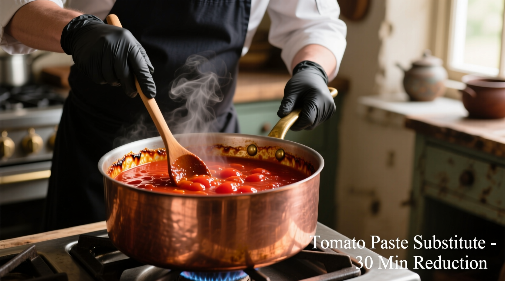 Chef reducing tomato sauce to make paste substitute