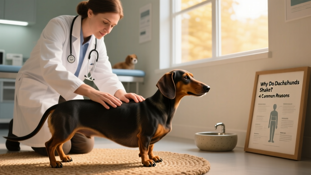 A veterinarian gently examining a dachshund’s spine and limbs during a routine wellness visit