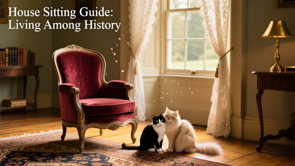 A cozy corner of a historic home: a vintage armchair beside a window, with two cats napping nearby on a Persian rug
