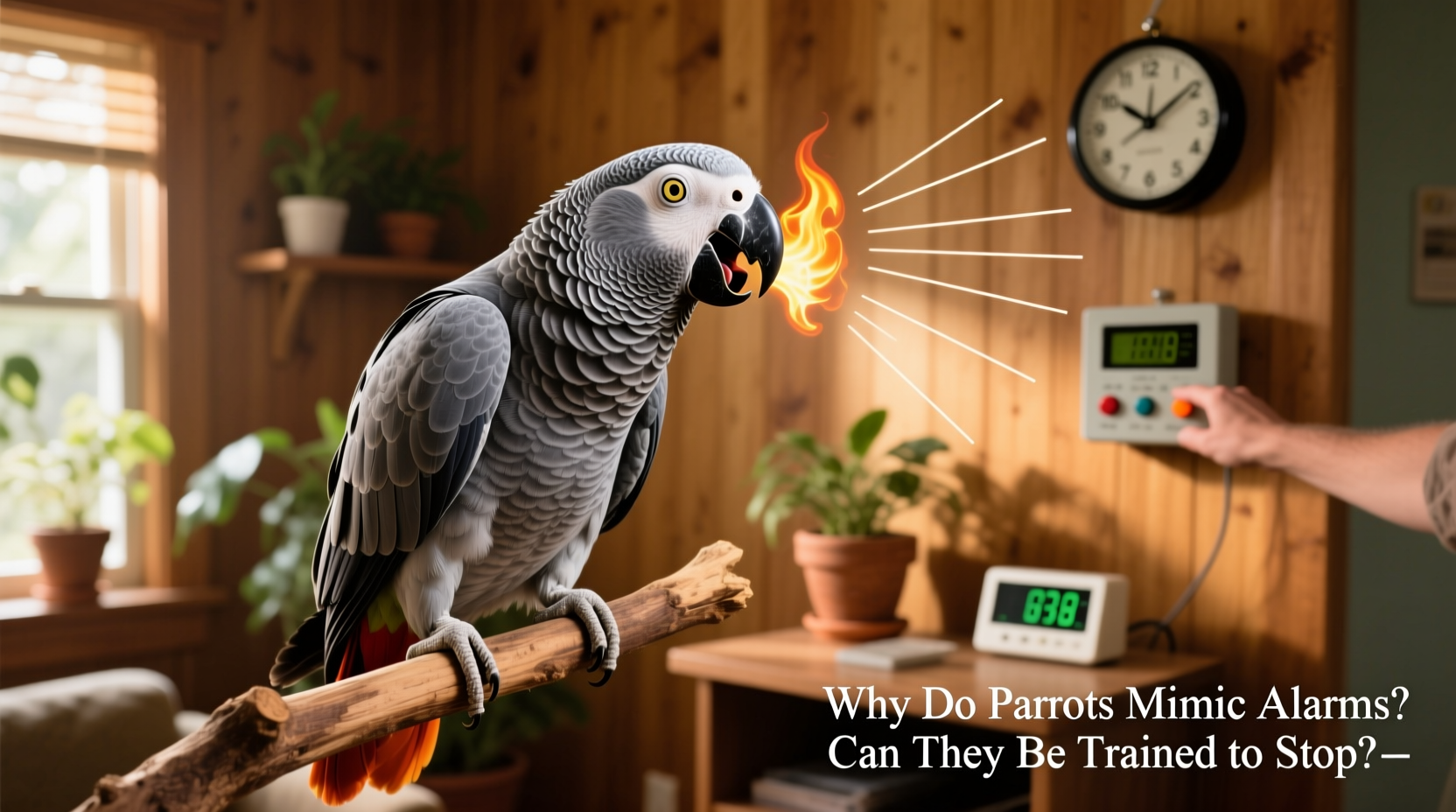 why does my parrot mimic alarms and can it be trained not to