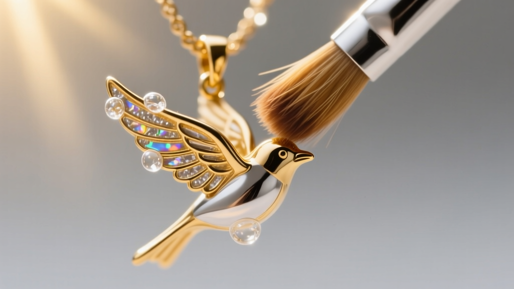 Macro shot of a soft sable brush gently cleaning the delicate gold vermeil wings of a bird pendant with mild soapy suds visible
